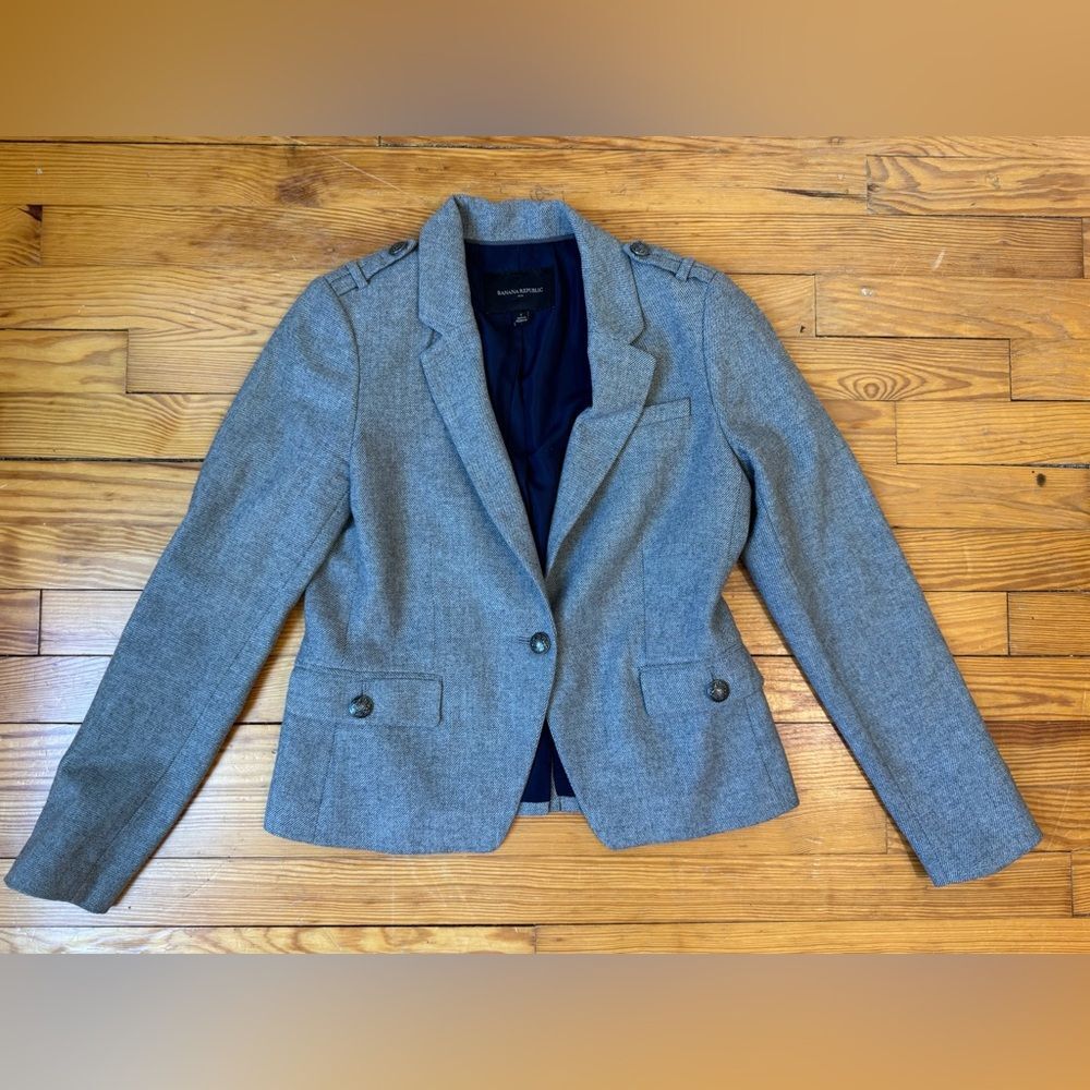 Banana Republic Military Inspired Gray Women's Tailored Wool Blend Blazer - Picture 2 of 11